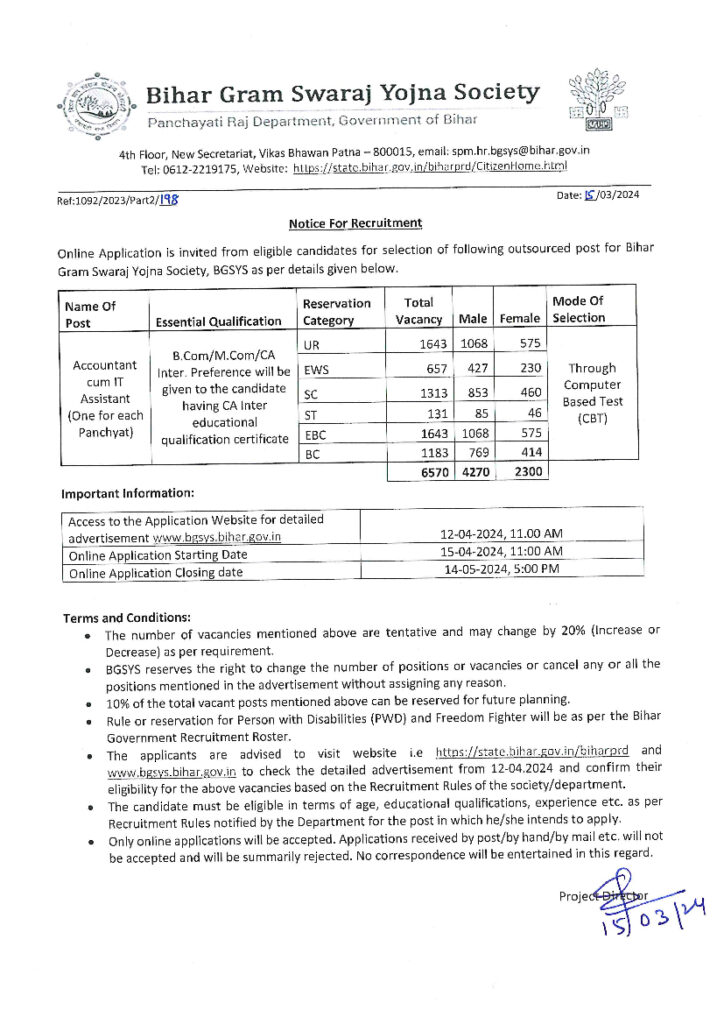 Bihar Gram Swaraj Lekhpal IT Sahayak Recruitment 2024